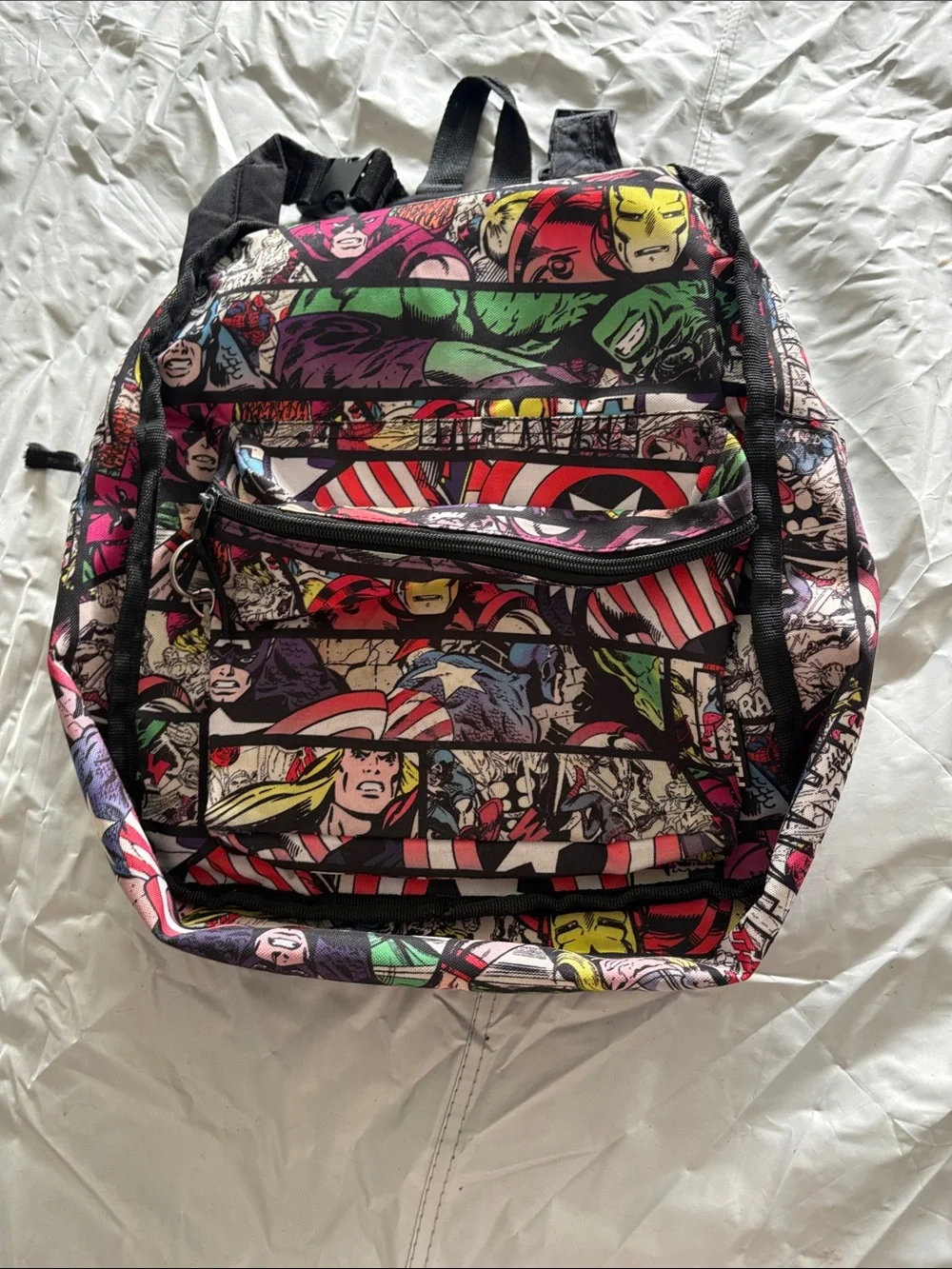 Marvel Black Backpack with Multicolor Comic-Print Front Pocket